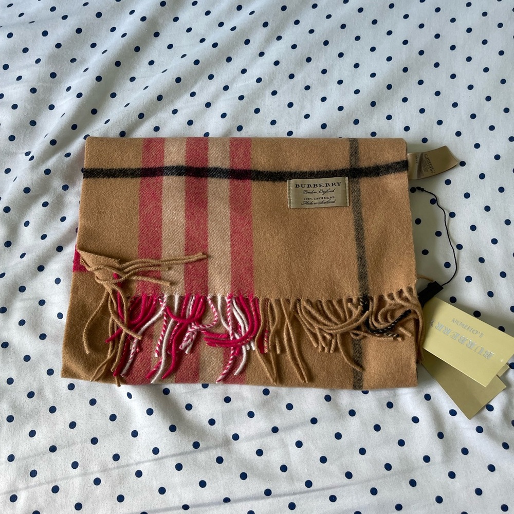 Burberry Camel and Rose Checkered Scarf